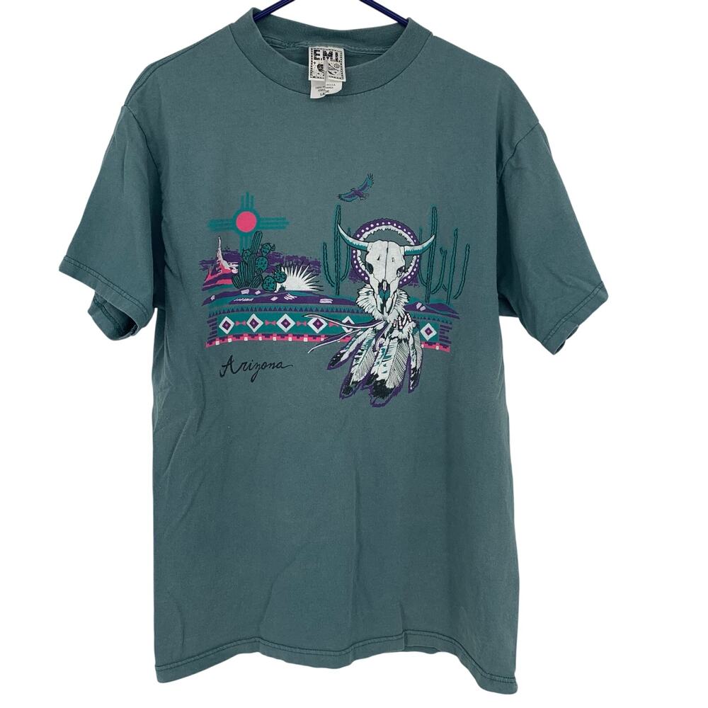 E.M.I. Women's Vintage Teal Arizona Cotton Bull Skull Graphic Tee Size Large